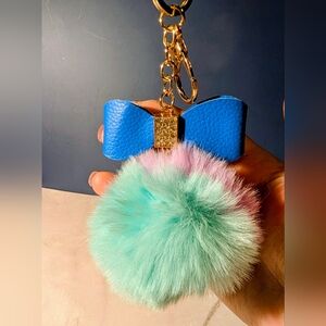 Blue Bow Bag Charm/ Keychain with Fluffy Colored Pom Pom